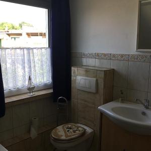 a bathroom with a toilet and a sink and a window at Bei Netti in Klütz