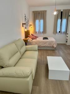 een woonkamer met een bank en een bed bij Coqueto apartamento céntrico con piscina in Córdoba