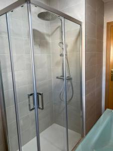 y baño con ducha y puerta de cristal. en El Balcón de la Covatilla, en Béjar