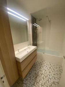 La salle de bains est pourvue d'un lavabo, d'un miroir et d'une douche. dans l'établissement Oostduinkerke Apartments, à Oostduinkerke
