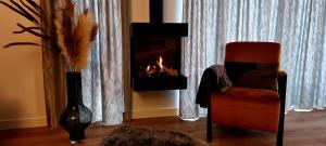 sala de estar con chimenea y silla en Bosfluiter en Halle