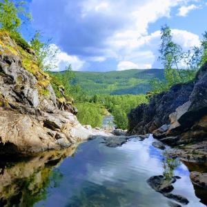 a river in the middle of a rocky canyon at Elvestua house in nature in Gibostad