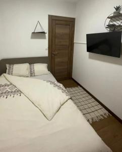 Schlafzimmer mit einem Bett und einem Flachbild-TV in der Unterkunft D-moll Divcibare in Divčibare