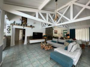 a large living room with couches and a tv at La Maison Blanche de Lanton in Lanton