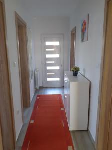 einen Flur mit einem roten Teppich auf dem Boden in der Unterkunft Apartman Garic in Pale