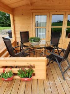 een houten terras met een tafel en stoelen in een hut bij Prive jacuzzi cows dairyfarm relaxing sleeping in Hitzum