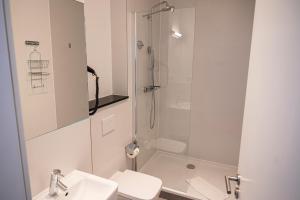 ein Bad mit einer Dusche, einem Waschbecken und einem WC in der Unterkunft apartmenthaus international in München
