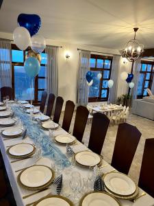 a long table with blue and white plates and balloons at Agropensiunea Floare de Tei in Cărpiniş