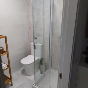 Un baño con inodoro y cabina de ducha de cristal. en Casa Palba, en Conil de la Frontera