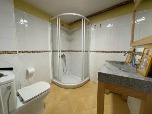 uma casa de banho com um chuveiro, um WC e um lavatório. em La Indefinida em Toranzo