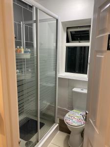 a bathroom with a toilet and a glass shower at Calm residential house in Wyken +63 photos