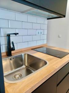 una cucina con lavello in acciaio inossidabile e ripiani in legno di La Plaza Apartamento Armilla ad Armilla