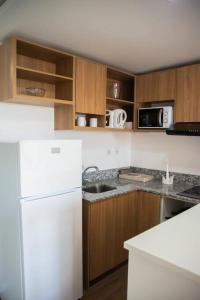 uma cozinha com um frigorífico branco e armários de madeira em Bello Monoambiente ZV212, Edif Zetta Village Airport em Colonia Mariano Roque Alonso