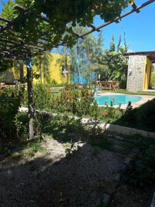 un jardín con piscina en un patio en Casa 2 Gold Star Village, en Majorlândia