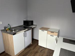 eine kleine Küche mit einer Spüle und einer Mikrowelle in der Unterkunft Hotel Restaurant Mirena in Marl
