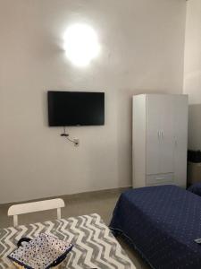 1 dormitorio con 1 cama y TV en la pared en Calido y centrico monoambiente en Concordia
