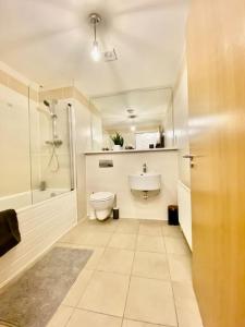 y baño con aseo, lavabo y ducha. en Casa Kerr @ The Broch en Perth