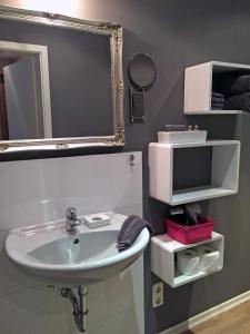 a bathroom with a sink and a mirror and a tv at die schmiede in Burg auf Fehmarn