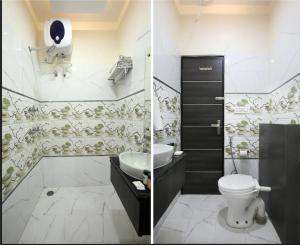 2 fotos de un baño con aseo y lavabo en Hotel Cross Road By WB Inn en Unnāo