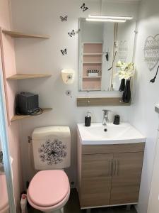 een badkamer met een roze toilet en een wastafel bij Mobile Homes Sous le Soleil in Valras-Plage