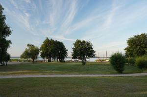 a park with trees and a path in the grass at Lütt Wieck App Nr 12 in Wieck