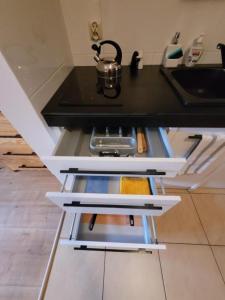 a kitchen with a stove with a tea kettle on it at APARTAMENTY TR 11 Apartament nr 1 in Olsztyn +16 photos
