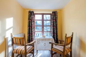 een eetkamer met een tafel en 2 stoelen en een raam bij Putzenhof Appartements in Großkirchheim