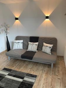 a living room with a gray couch with pillows at Gemütliche Wohnung mit guter Anbindung in Thaur