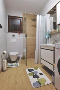 een badkamer met een douche, een toilet en een wastafel bij Holiday home D&D in Bosanska Krupa