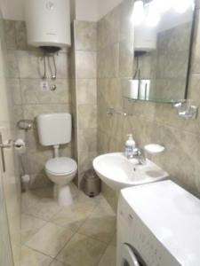 a bathroom with a white toilet and a sink at Sunny P in Primošten