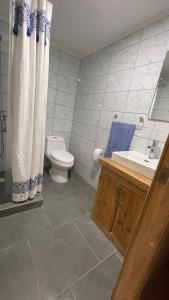 een badkamer met een toilet, een wastafel en een douchegordijn bij Cabañas Borde Lindo in San José de la Mariquina