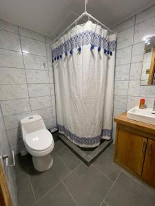 een badkamer met een toilet en een douchegordijn bij Cabañas Borde Lindo in San José de la Mariquina