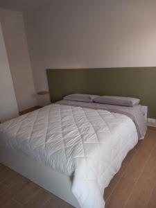 een slaapkamer met een wit bed met een groen hoofdeinde bij Ca' di Burghi 2 in Busca