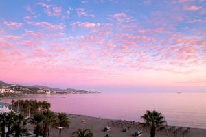 Elle offre une vue sur une plage avec des palmiers et un ciel nuageux. dans l'établissement Miradores Malagueta Beach, à Malaga