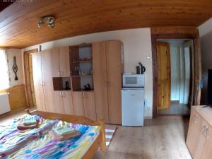 eine Küche mit einem Kühlschrank und einem Tisch im Zimmer in der Unterkunft Ubytování U Potoka in Kunratice