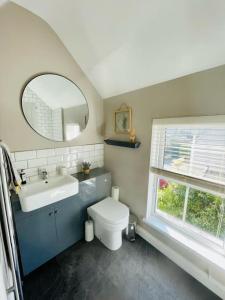 a bathroom with a sink and a toilet and a mirror at Entire 2 bed cottage - Llangwm in Llangwm
