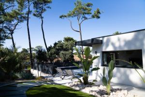 a modern house with a courtyard and palm trees at Villa Aréna à Labenne-Océan in Labenne +36 photos