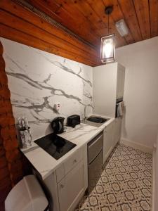 uma cozinha com um lavatório e uma bancada em Kaoglen Warren - Pet friendly - Hot Tub - Cairngorms em Blairgowrie