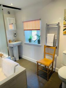 a bathroom with a toilet and a chair and a sink at Barn Cottage -Westerlands in Graffham