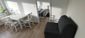 salon ze stołem, krzesłami i lustrem w obiekcie Apartmán Pod Ještědem w mieście Liberec