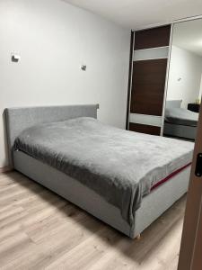 sypialnia z dużym łóżkiem i lustrem w obiekcie Topoliai Apartament Self check -in w Poniewieżu