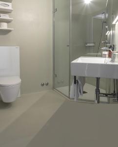 Baño blanco con aseo y lavamanos en Hotel Monte Verità en Ascona