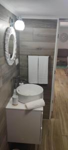 ein Badezimmer mit einem weißen Waschbecken und einem Spiegel in der Unterkunft Casa da Avó Biza in São Roque do Pico