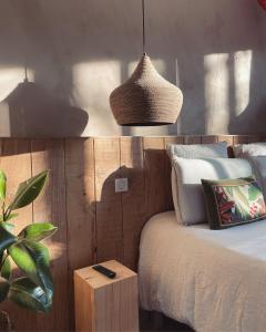 um quarto com uma cama e um vaso de plantas em Madame Imagine, Lodges & SPA Epinal em Épinal