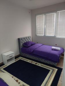 ein Schlafzimmer mit einem lila Bett und einem Teppich in der Unterkunft Comfort in Pirot