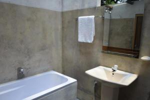 een badkamer met een wastafel, een bad en een spiegel bij Green Herbal Ayurvedic Eco-Lodge in Galle