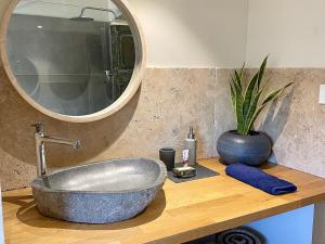 een badkamer met een wastafel en een grote spiegel bij Le Mas Saint Philippe in Jonquières