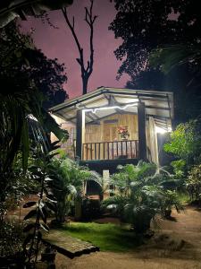 een huis met een verlichte gevel met een boom op de achtergrond bij Ruk Sewana Villa Tree House in Sigiriya