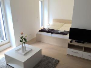 a white room with a bed and a tv at NEW Apartment - 10 min DOWNTOWN in Vienna