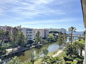 einen Fluss in einer Stadt mit Gebäuden und Palmen in der Unterkunft Port Marine - T3 calme, avec terrasse, piscine, près de la plage in Sainte-Maxime